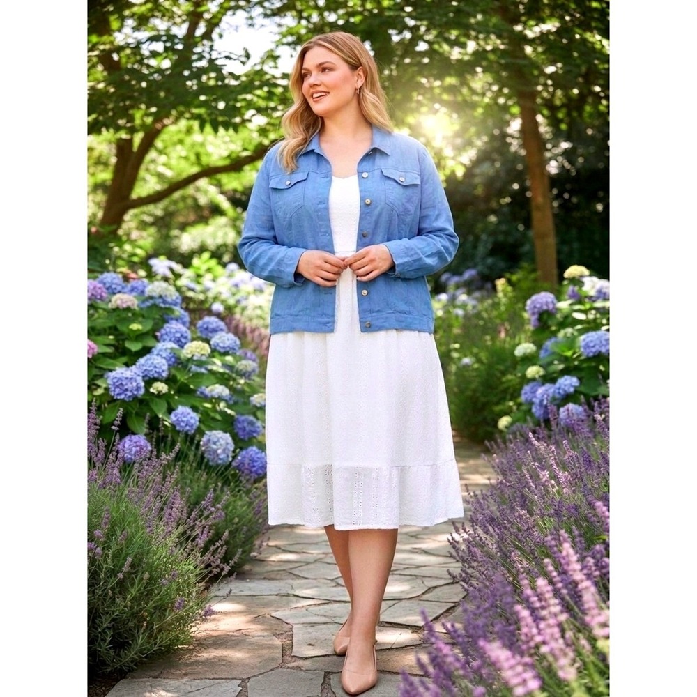 100% Linen Jones New York Jacket Womens 3X Blue NEW Relaxed Trucker Lightweight
